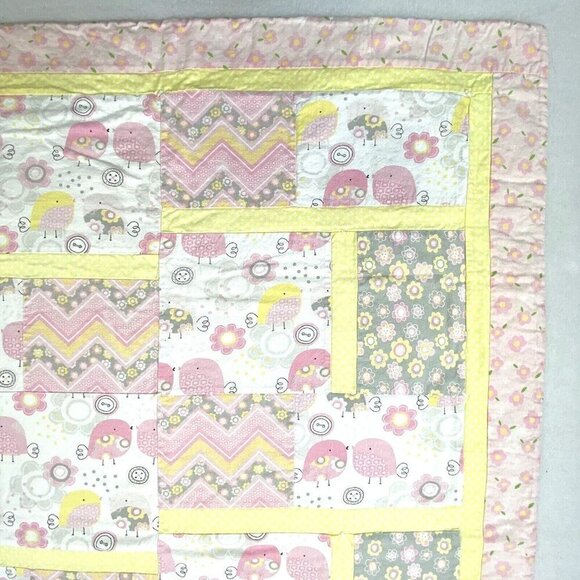 Crib Quilt Handmade Baby Birds Cotton Fabrics Patchwork 32 x 43 Pink Yellow - Picture 3 of 6